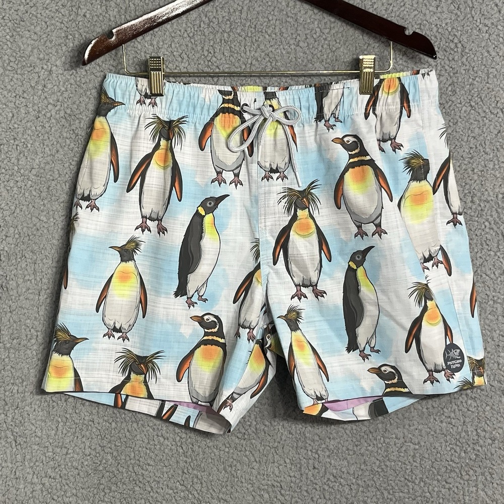 Psycho Tuna Swim Shorts Mens Size L Penguin Happy Feet Board Trunks EUC